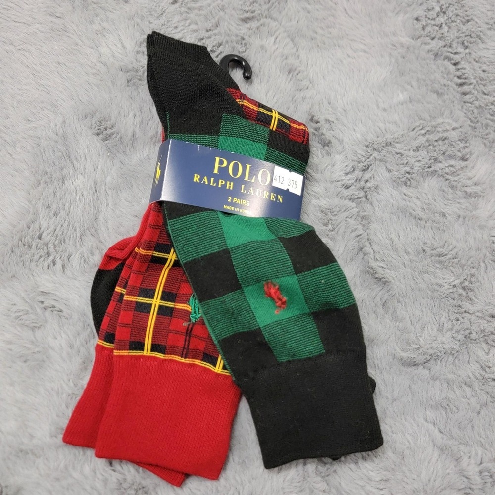 Polo Ralph Lauren Socks Mens 10-13 Red Green Plaid Pony Crew 2 Pairs Mid Calf